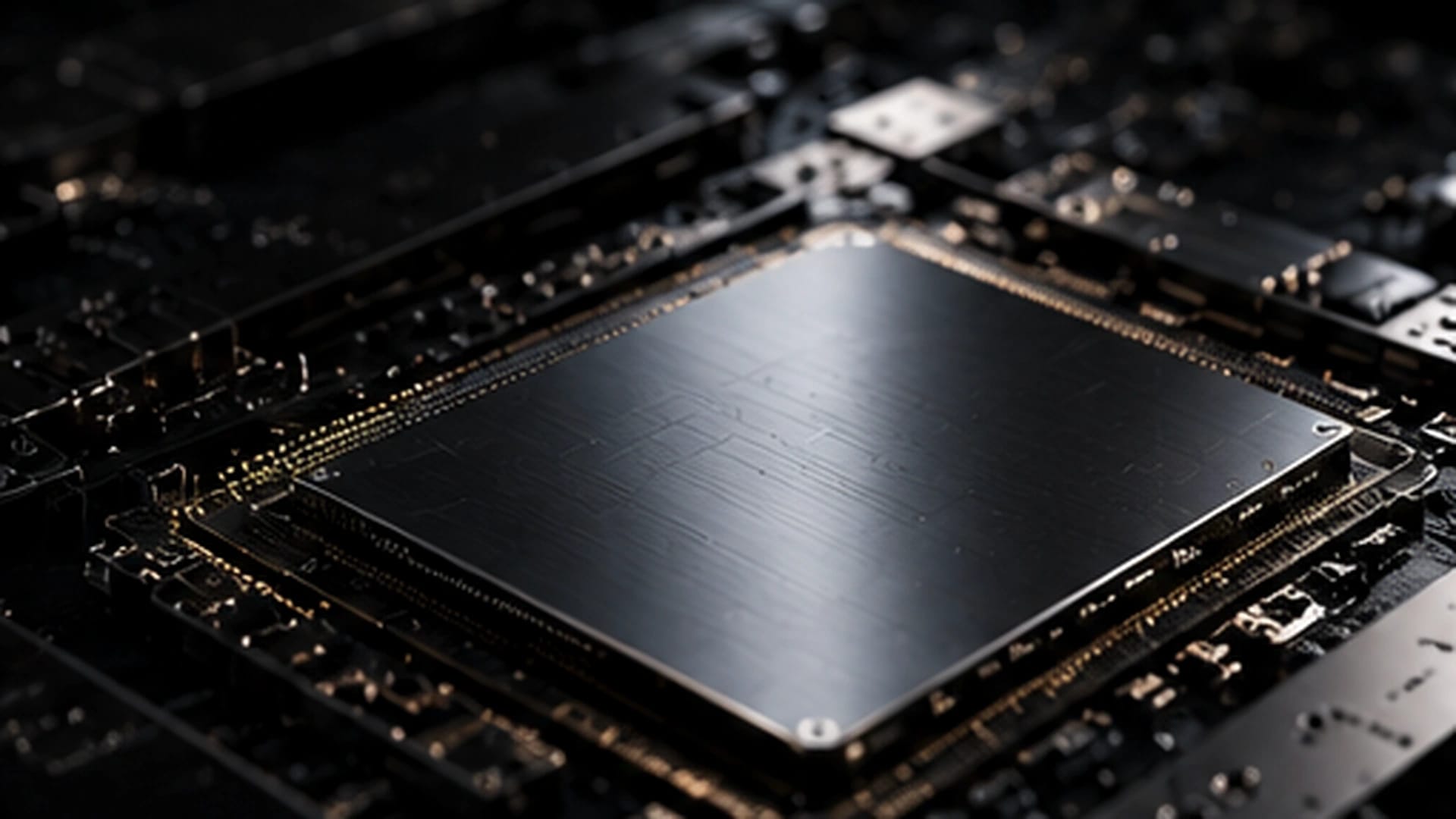 Macro view of a processor package on a circuit board, lit from above.